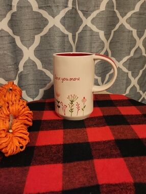 New Style Rae Dunn White Ceramic Mug with Red Interior and Floral Script